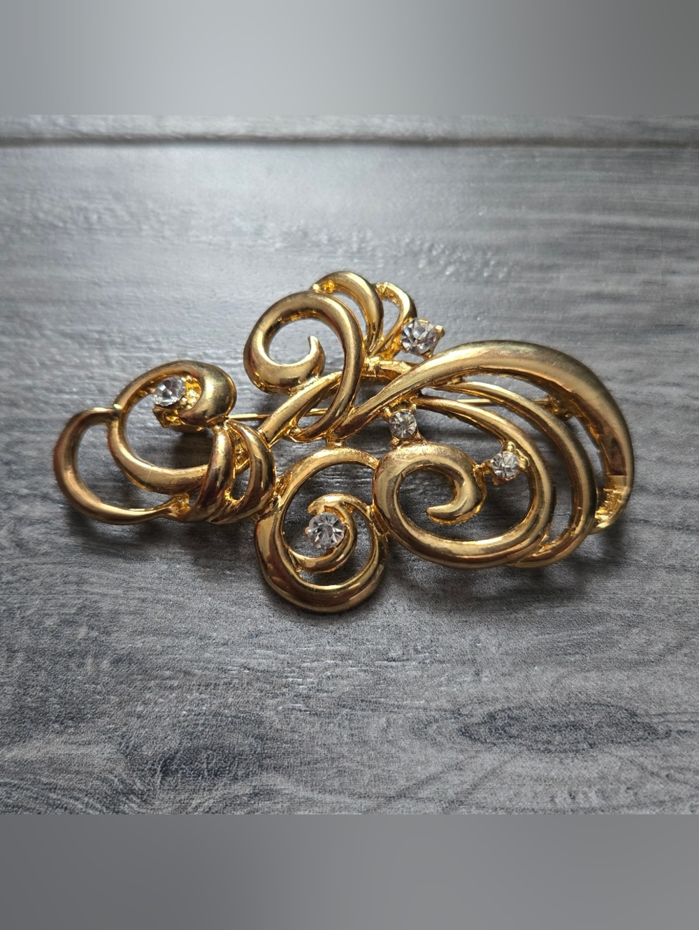 Gold Swirl Crystal Accent Brooch - Elegant Vintage Women Jewelry